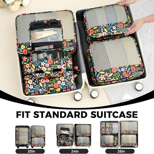 9 Set Packing Cubes with Packing List Luggage Packing Organizers for Travel Accessories (Black floral)