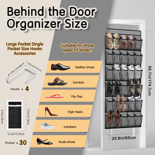 Over the Door Shoe Organizer with 30 Breathable Mesh Pockets (2PC-Gray)