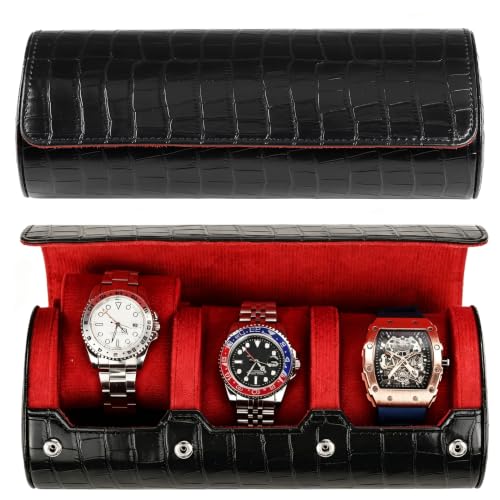 Travel Watch Case (Black/Red Bamboo Grain-3)