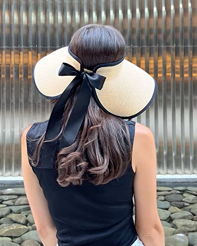 Women's Straw Sun Visor Hat UPF Wide Shade Ponytail Summer Hat (One Size / Beige)