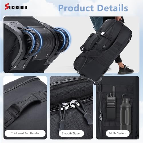 Tactical Travel Duffle Bag with Wheels and Handle 3 in 1 Large 85L XL Rolling Travelling Backpack Waterproof Oxford Carry On Hand Luggage Deployment Bags with Combination Padlock (Black)