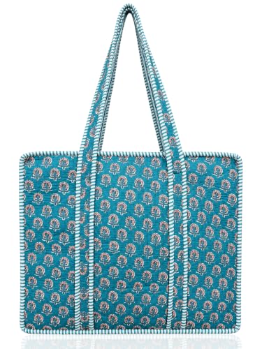 100% Cotton Quilted Tote Bag For Women (Ball Blue Purple Thorn Floral Print)