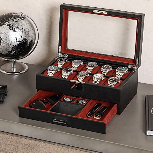 10 Slot Watch Box in Leather with Valet Drawer (Black/Red)