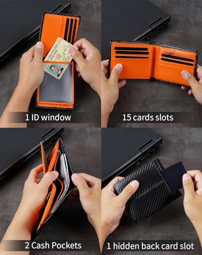 Wallet for Men RFID Blocking Genuine Leather Bifold Wallets (black stripe orange)