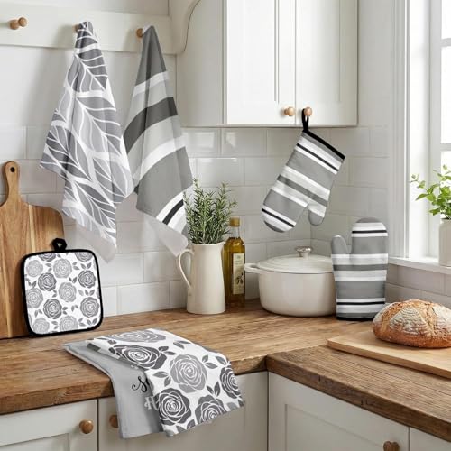 Grey Floral Kitchen Decor Set (Gray Rose)