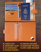 Passport Holder Wallet Cover for Travel with Airtag RFID for Women Men (Brown)