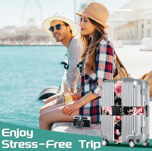 Luggage Straps for Suitcases Travel Belt Accessories Luggage Connector Identifiers Over Handle with Buckle Unique Nylon Adjustable Strap for Sleeping Bag Car Seat Black (Black Flower)