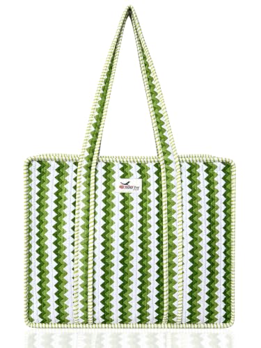 100% Cotton Quilted Tote Bag For Women (Olive Zigzag)