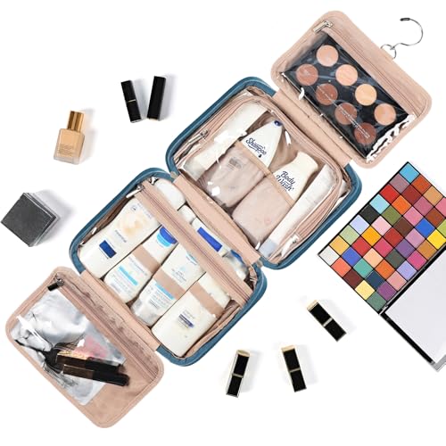 Travel Toiletry Bag for Women Hanging Organizer Makeup Case Pockets (Lake-Blue / Medium)