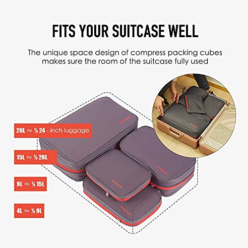BeeNesting 2 Layers Large Compression Packing Cubes 2 set for travel carry on Compressible Packing Bags for clothes (Black Red / 2 Pack(26L+26L))