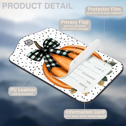 Pumpkin with Checkered Bow Set of 2 Luggage Tags for Suitcases Black Polka Dot Leather Suitcase Tags Identifiers with Privacy Name Label and Stainless Steel Loop for Women Travel Luggage Accessories (Pumpkin With Checkered Bow)