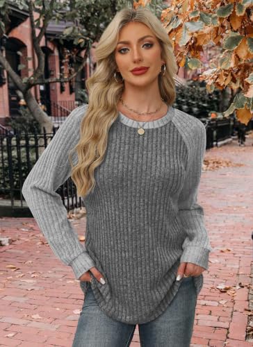 Womens Tops Long Sleeve Shirts Sweaters for Women Fall Teacher Outfits (Large / Grey White)