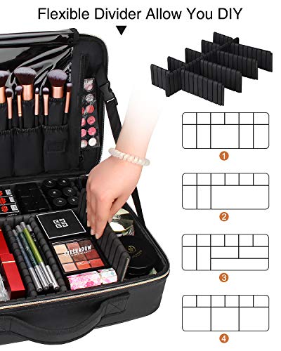 Makeup Case Large Makeup Bag Professional Train Case 16.5 inches Travel Cosmetic Organizer Brush Holder Waterproof Makeup Artist Storage Box (Large / Black Leather)