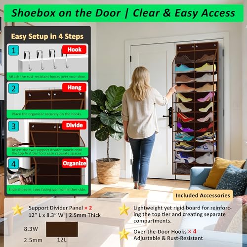 24 Pair Over Door Shoe Organizer for Family & Kids (12-Tier / 24 Walnut Brown)