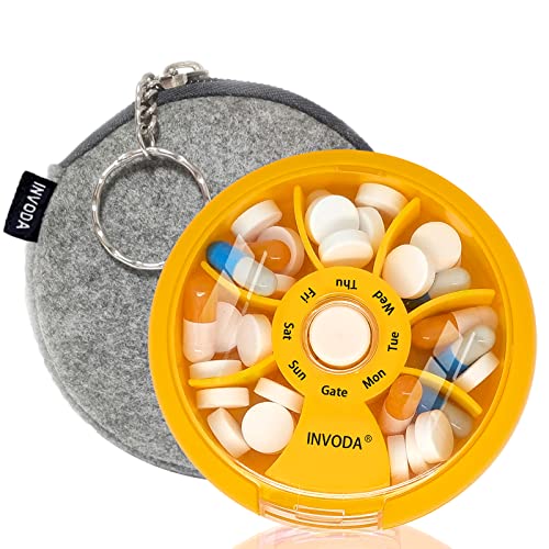 Weekly Pill Organizer 7 Compartment Rotating Pill Box for Daily (Orange+bag)