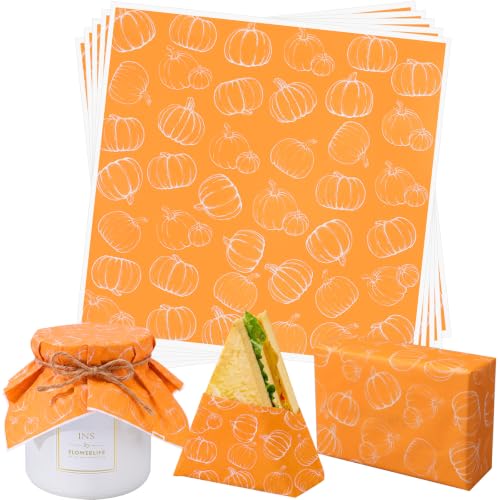 100 Pcs Fall Pumpkin Wax Paper Sheet for Food Wrapping (Orange / Pumpkin)