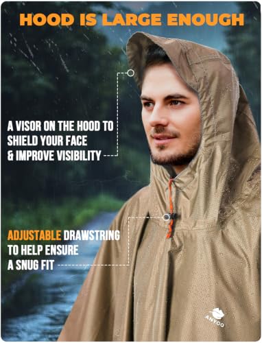 Hooded Rain Poncho for Adult Waterproof Lightweight Raincoat (Dark Khaki)