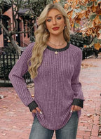 Long Sleeve Shirts for Women Crewneck Color Block Casual Outfits Womens Fall Tops Loose Fit Lightweight Sweaters Tunic Fashion 2026 Clothes Soft Purple S (Small / 04-purple)
