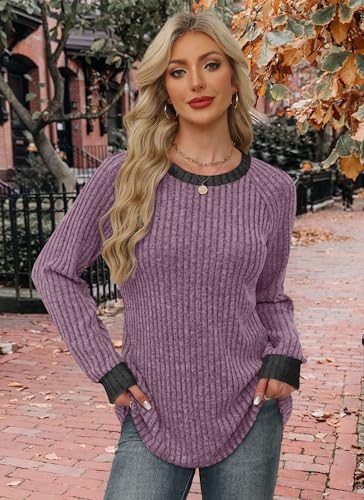 Long Sleeve Shirts for Women Crewneck Color Block Casual Outfits Womens Fall Tops Loose Fit Lightweight Sweaters Tunic Fashion 2026 Clothes Soft Purple 2XL (XX-Large / 04-purple)