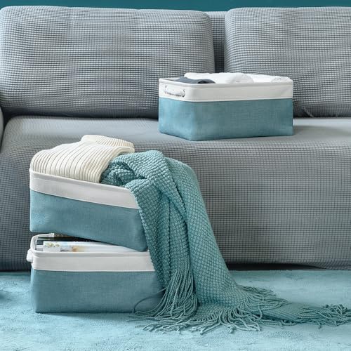 Fabric Storage Bins Baskets for Organizing (White And Green / 3PCS/Medium -13.8Lx9.8Wx6.7H)