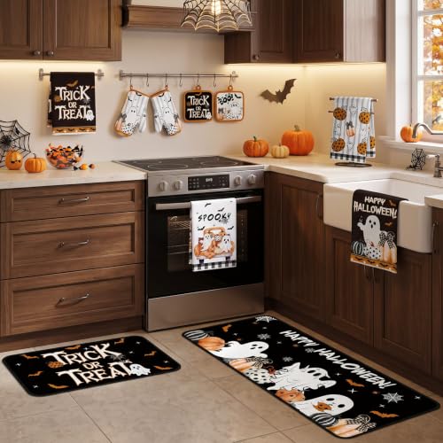 10 Pcs Halloween Ghost Kitchen Decor Accessories Set with Rugs (Black, Orange / Ghost Pumpkins)