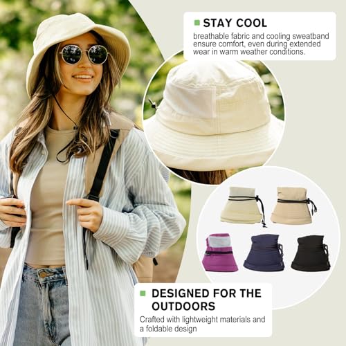 Sun Hat for Women Wide Brim SPF 50 UV Protection with Chin Strap Packable Bucket Hat for Travel Beach Outdoor Summer Waterproof Lightweight Gardening H iking Fishing Camping Cream Beige L (Cream Beige / Large)