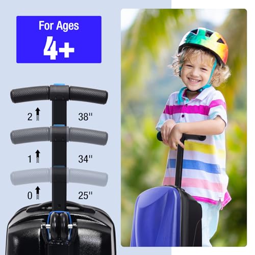 2-in-1 Ride-On Scooter Suitcase, 20” Foldable Hardshell Carry-On Luggage for Travel, Lightweight Kids Scooter Bag with Wheels (Dark Blue)