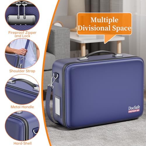 Fireproof Document Box Hard Case with Lock ＆ Accordion File Folder (15.2" x 11.2" x 5.3"(colorful) / Blue)