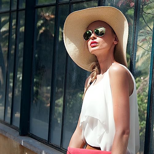 Womens Straw Hat Foldable Wide Brim Floppy Beach Sun Hat for Women Roll up Cap UPF 50+ Adjustable Strap Vacation (Ada Beige 5.9" Brim, 1 Pack)