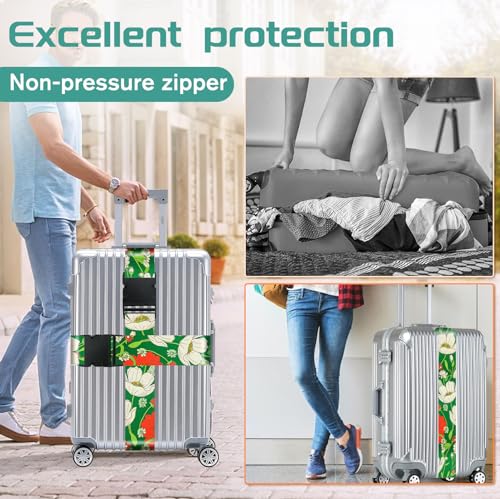 Luggage Straps for Suitcases Travel Belt Accessories Luggage Connector Identifiers Over Handle with Buckle Unique Nylon Adjustable Strap for Sleeping Bag Car Seat Green (White Flower)