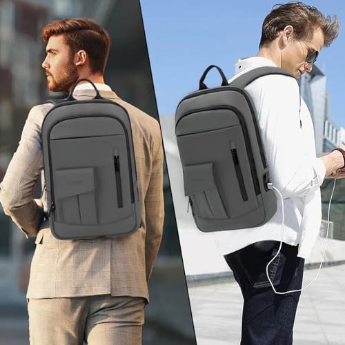 Business Backpack for Men Slim Lightweight Laptop Backpack Water Resistant Small Office Backpack for Commute Travel Daily Office Work with Small Bag (15.6" / With Pocket / Grey)