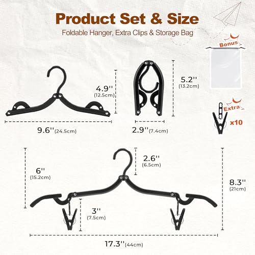 Black Travel Hangers with Clips (10 Pack + 10 x Clips + 1 x Storage bag / Black)