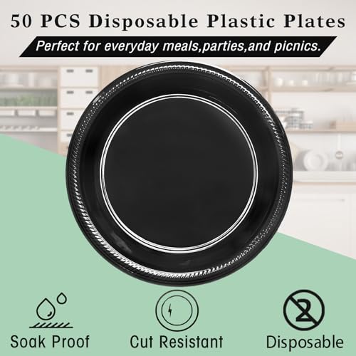 50 Pcs Black Plastic Plates (Black / 50 Pcs)