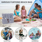 Waterproof Beach Tote Pool Bags for Women Ladies Extra Large Carry On Bag With Wet Compartment for Weekender Travel (Dark Blue White Checkered)