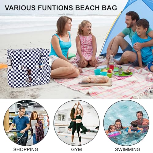 Waterproof Beach Tote Pool Bags for Women Ladies Extra Large Carry On Bag With Wet Compartment for Weekender Travel (Dark Blue White Checkered)