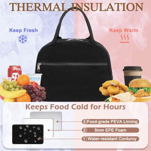 Lunch Bag for Women Insulated Lunch Box Corduroy Lunch Tote Cooler for Travel Work Picnic (Corduroy Black)