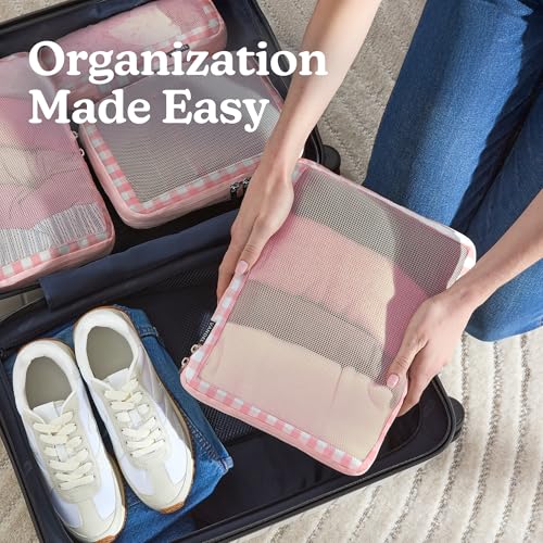 Space Saving Compression Packing Cubes for Kids & Women (4. Pink Gingham / 4 Pack (Compression))