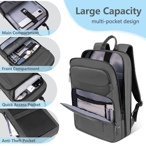 Backpack for Men Slim & Expandable Travel Laptop Backpack with USB Charging Port Water Resistant Anti (Simple Gray / 15.6”)
