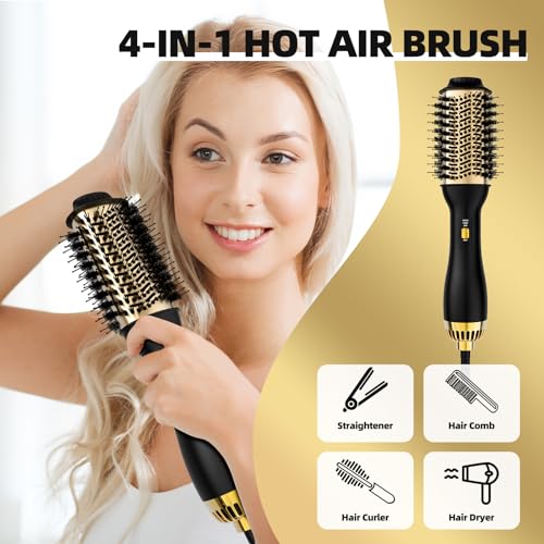 4-in-1 Hot Air Brush with Oval Barrel - Salon-Grade Styling Tool for All Hair Types (Golden)