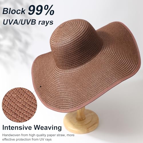 Sun Hats for Women Wide Brim Summer Hat Large Floppy Sun Straw Hat Foldable Packable Beach Hats UPF 50+ (1 Pack Medium Size: Coffee Brown (Head Circumference 22-22.8"))