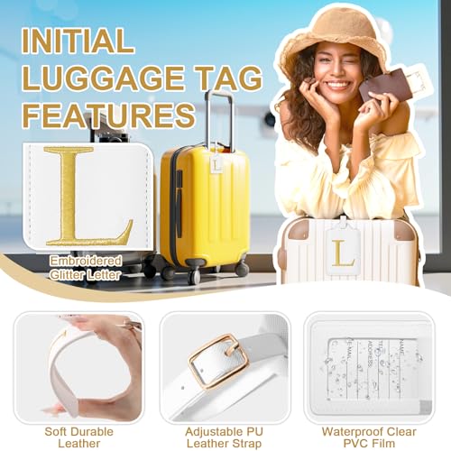 Personalized Initial Luggage Tags for Suitcase TSA Approved (White Leather,glod Letter / L)