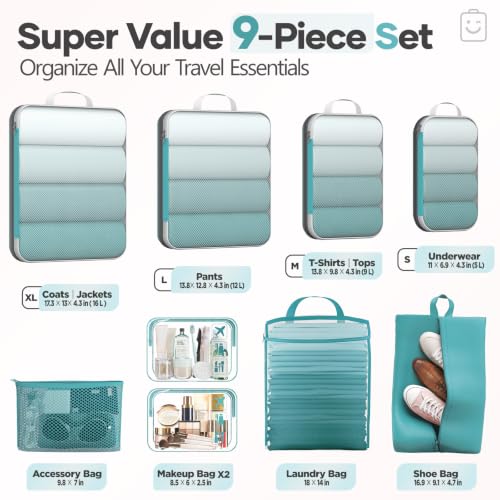 9 11 Set Compression Packing Cubes for Travel Essentials (Cyan / 9 set)