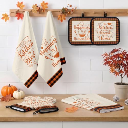 Fall Kitchen Decor Set (Cream Orange Plaid)