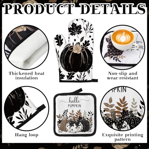10 Pcs Fall Pumpkin Kitchen Decor Set Kitchen Towels Pot Holders Oven Mitts and Rugs Set Thanksgiving Towels for Baking Cooking BBQ Autumn Home (Black, White, Brown / Black Pumpkin)