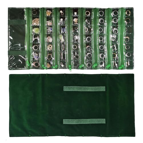 Travel Jewelry Roll Bag Portable Organizer Pouch With Grids&PVC Cover Storage Bags for Necklace (Blackish Green Velvet 56 Grids)
