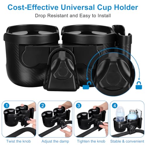 Stroller Cup Holder with Phone Holder (Double Holder-All Black Texture)