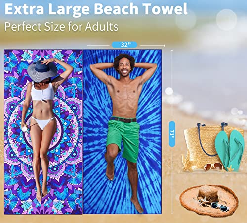 Microfiber Beach Towel Oversized 71x32 Multiple with Bag 4 Pack Bulk (4 Pack Turtle Tie Dye Mandala Flower / 71"x32")