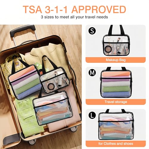 3PCS Clear Travel Toiletry Bags with Handles & Pocketfor Men Women (Black Clear)