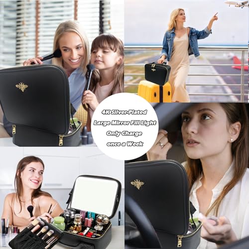 Travel Makeup Bag with Light Up Mirror (Pure Black)