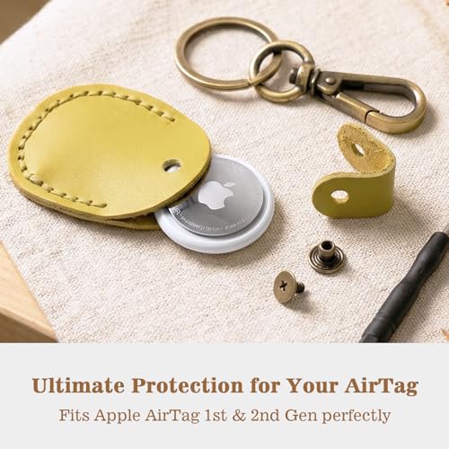 Genuine Leather Airtag Holder Compatible with Apple AirTag Keychain 2nd & 1st Gen (Yellow)